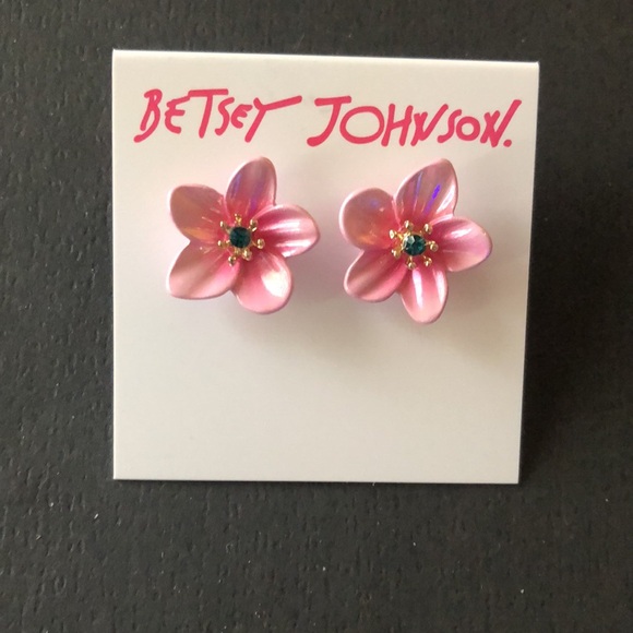 Betsey Johnson Pink Enamel Tropical Flower Stud Earrings Crystal Accent NWT - Picture 4 of 11